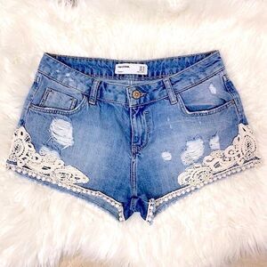 Zara | TRF denim embroidered shorts 02 distressed Daisy Dukes , 5 pocket.